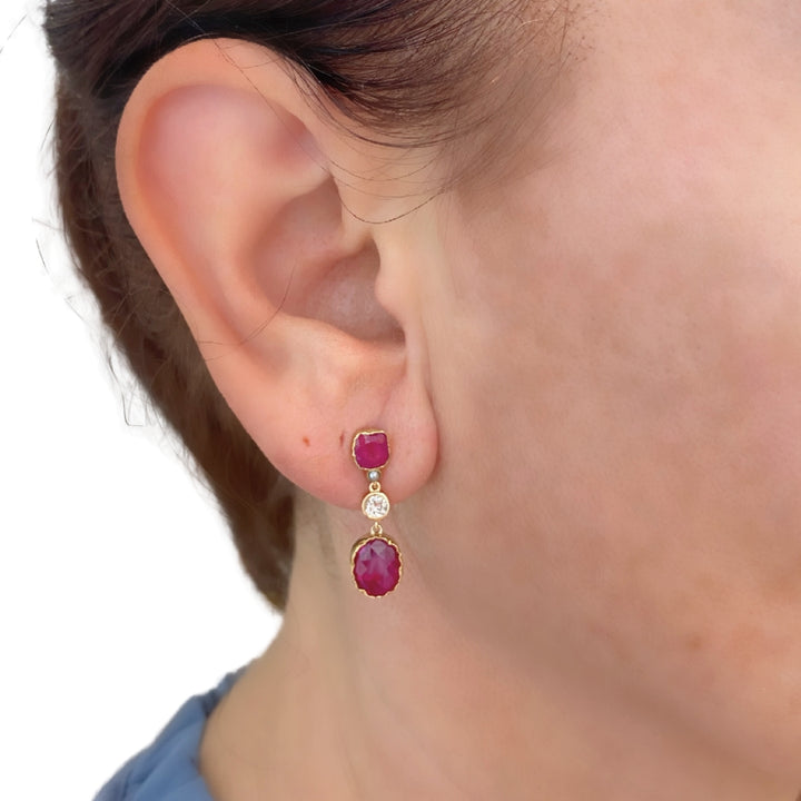 14k Gold Ruby Diamond Earrings Dangle Earrings