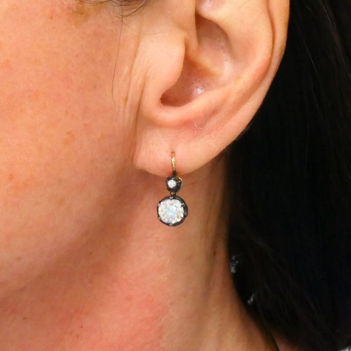 Victorian 14k Gold Silver Two-Stone Diamond Earrings Old Mine Cut, Antique