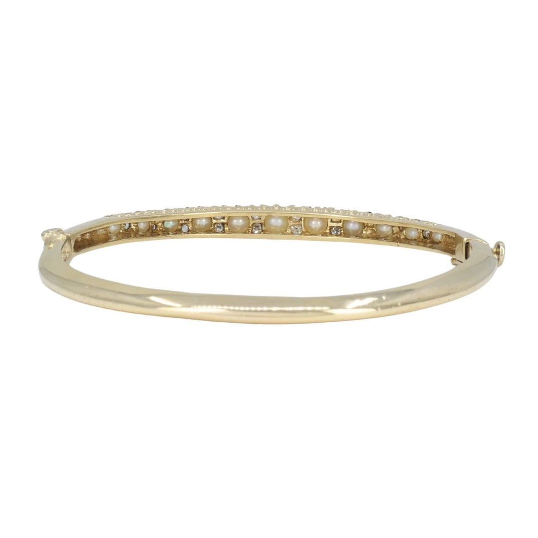 Antique Victorian 14k Yellow Gold Pearl Diamond Hinged Bangle Bracelet