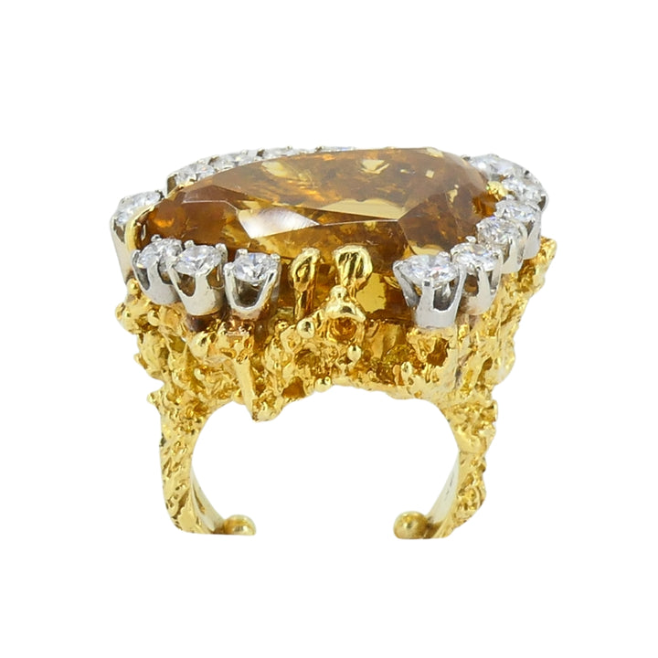 Vintage 18k Gold Citrine Diamond Ring Brutalist Design