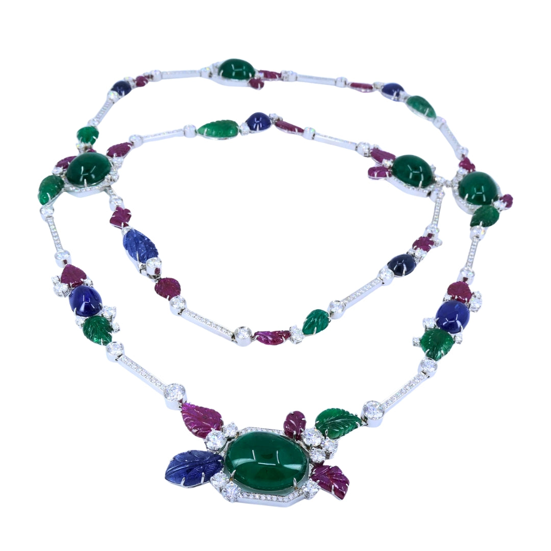 Sabbadini Tutti-Frutti Necklace 18k White Gold Carved Gemstones