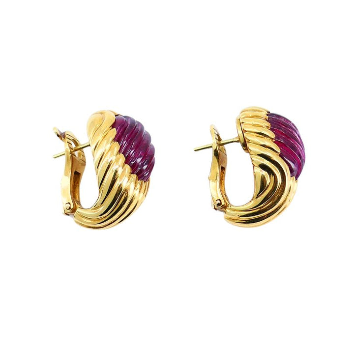 Vintage Boucheron 18k Gold Carved Pink Tourmaline Clip Earrings