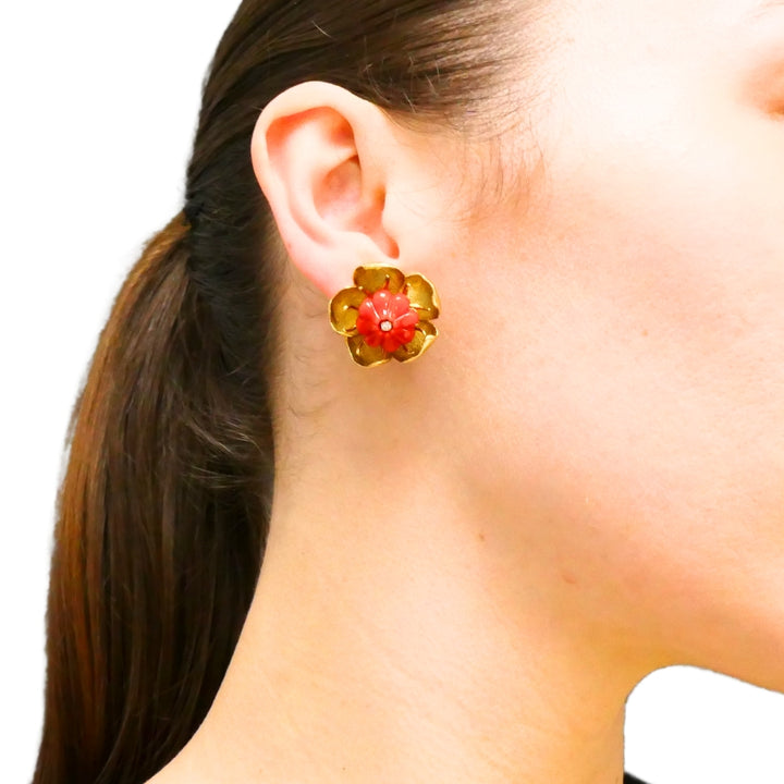 Vintage Tiffany & Co. Coral Floral Earrings 18k Gold