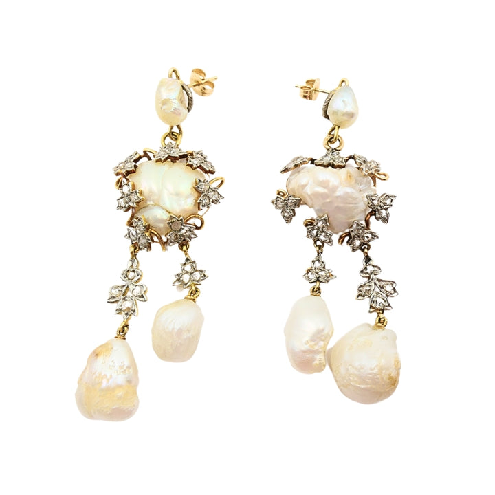 Vintage 14k Gold Baroque Pearl Diamond Dangle Earrings