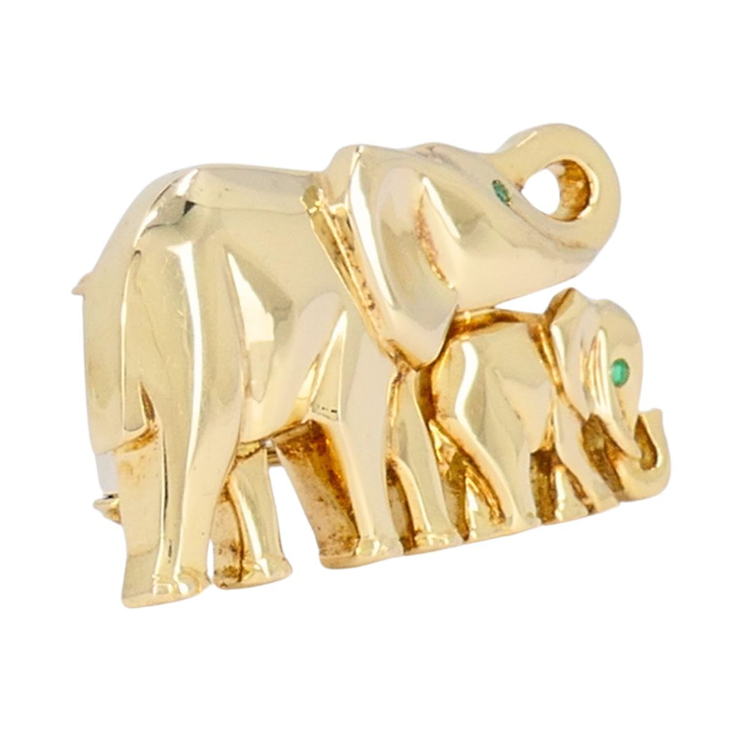 Vintage Cartier Ménagerie 18k Gold Emerald Mother and Baby Elephant Brooch
