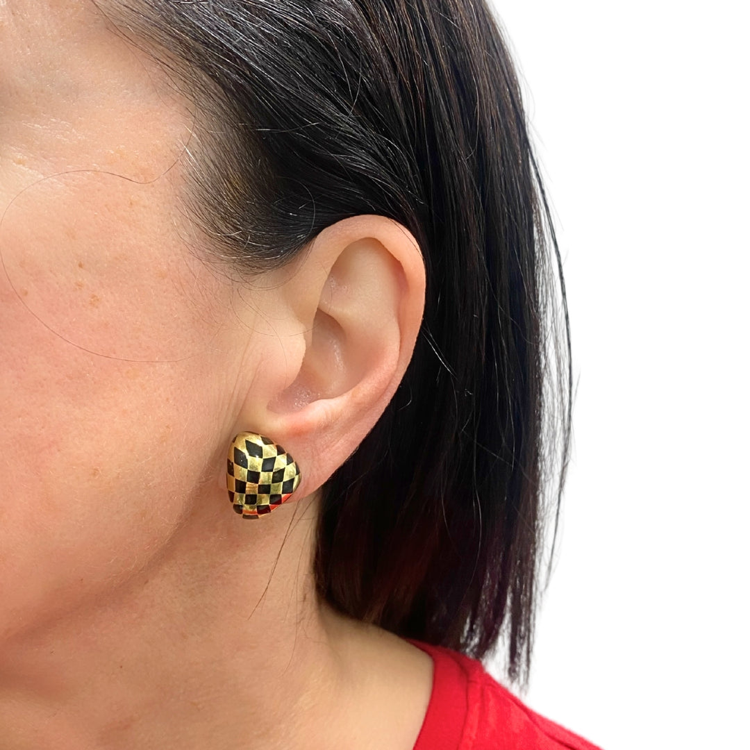 Tiffany & Co. 18k Gold Black Inlay Checkerboard Clip-On Earrings