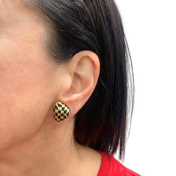Tiffany & Co. 18k Gold Black Inlay Checkerboard Clip-On Earrings