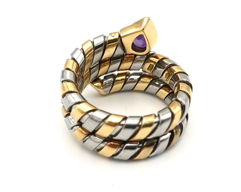 Bulgari Tubogas Serpenti Yellow Gold Stainless Steel Amethyst Ring