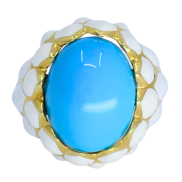 David Webb Ring 18k Gold White Enamel Turquoise Cocktail Ring