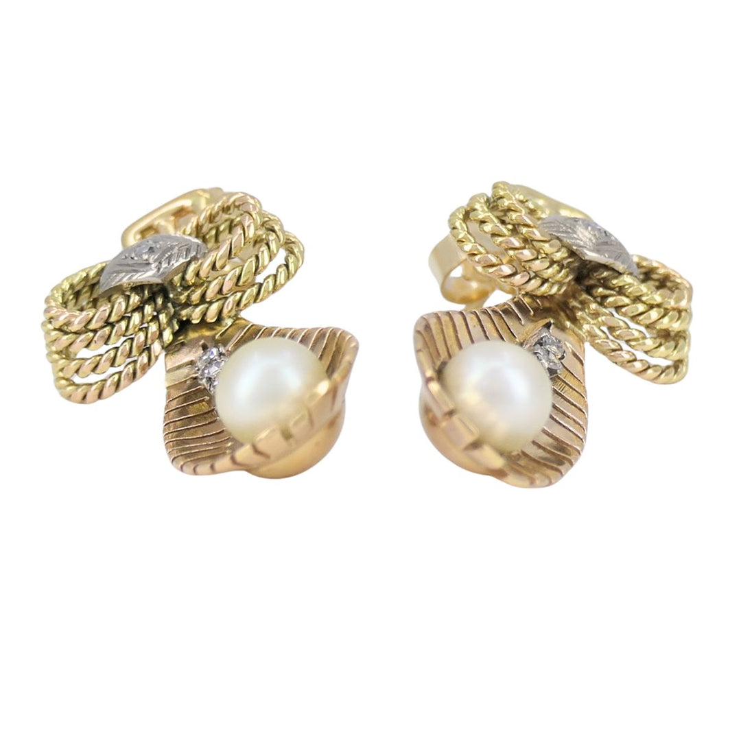 Retro 14k Tri Color Gold Diamond & Pearl Earrings Circa 1940s
