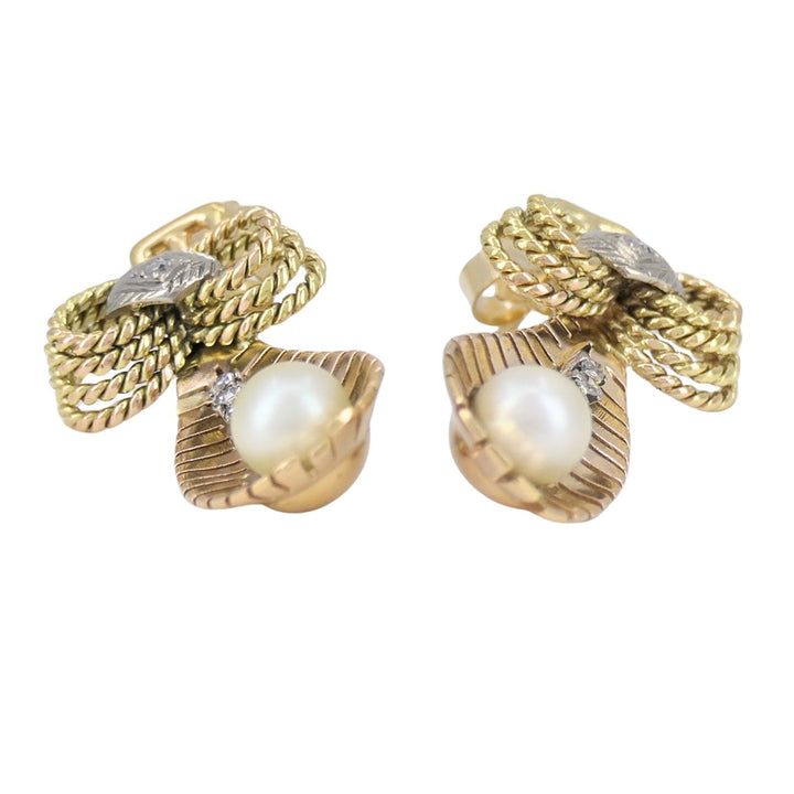 Retro 14k Tri Color Gold Diamond & Pearl Earrings Circa 1940s