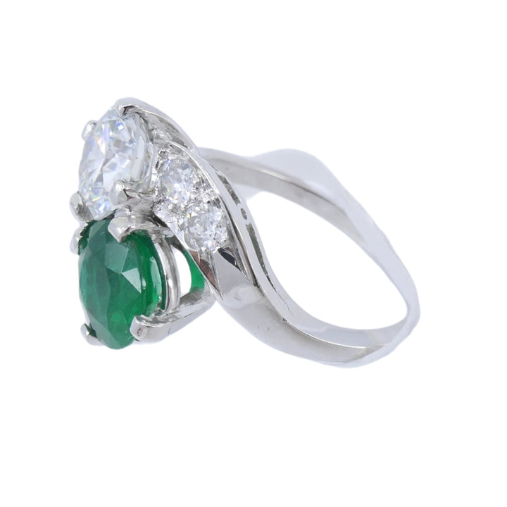 Vintage Platinum Toi et Moi Engagement Ring Diamond Emerald
