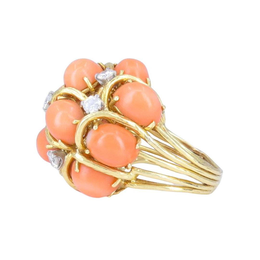 David Webb 18k Gold Coral Diamond Cocktail Dome Ring