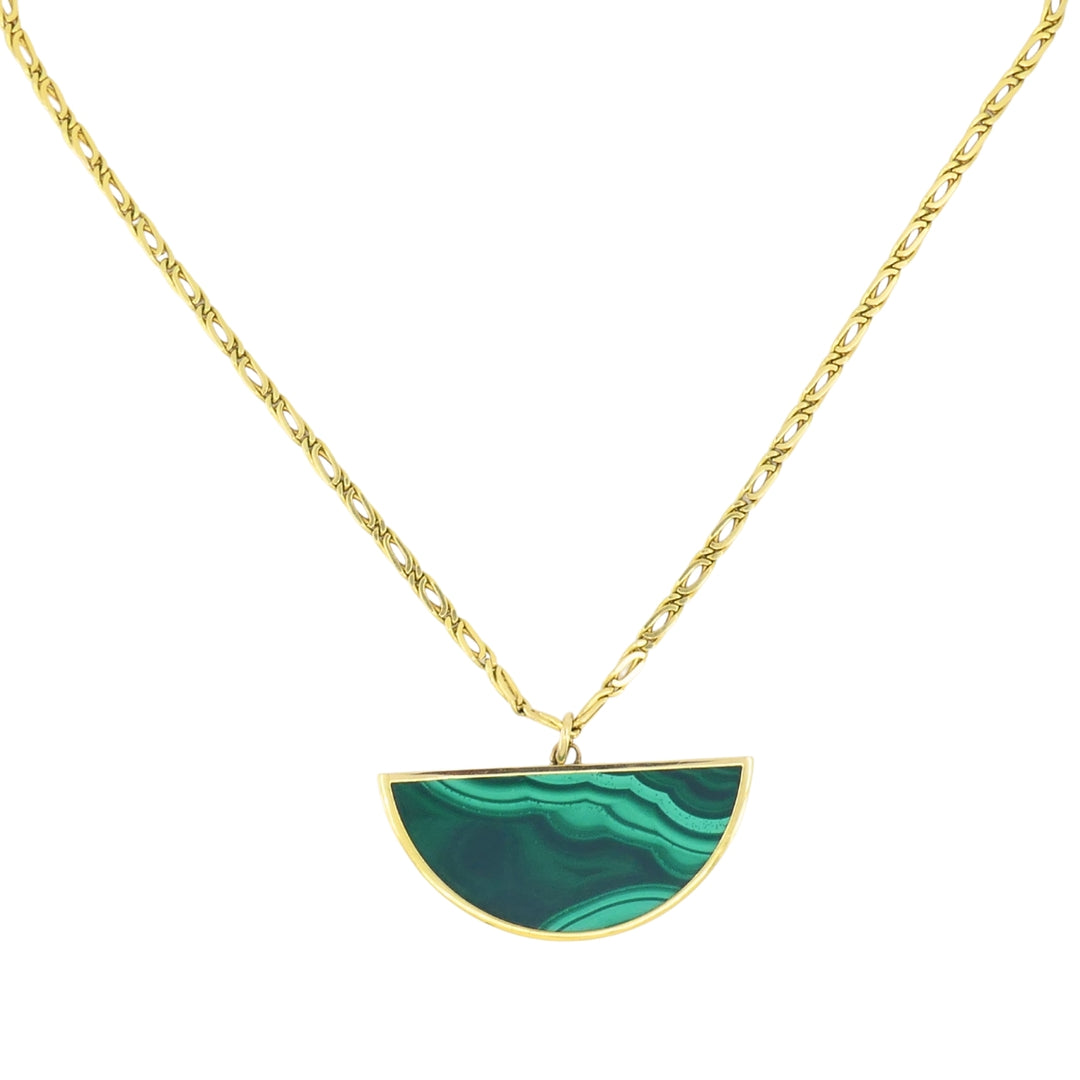 Vintage 18k Gold Necklace Malachite Pendant Oval Link Chain
