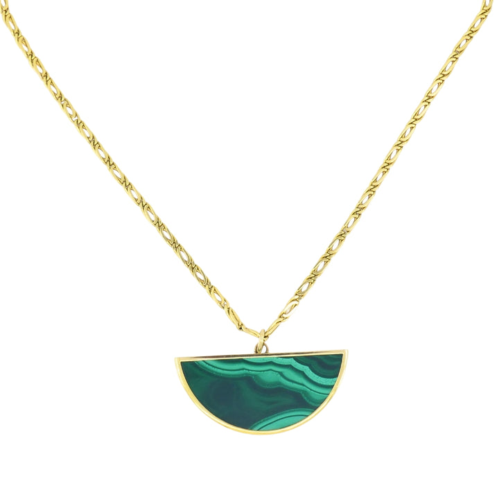 Vintage 18k Gold Necklace Malachite Pendant Oval Link Chain