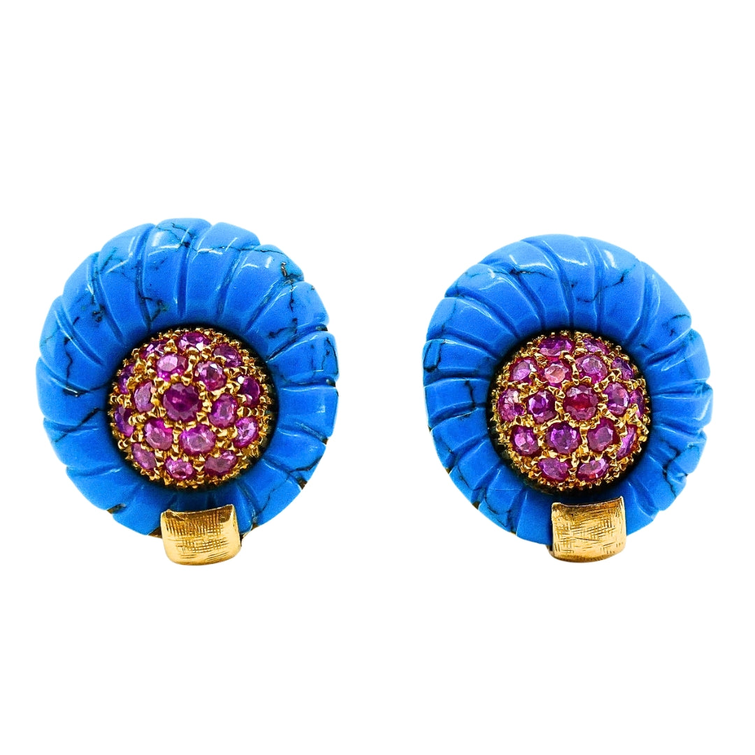 Vintage Carved Turquoise 18k Gold Ruby Stud Earrings