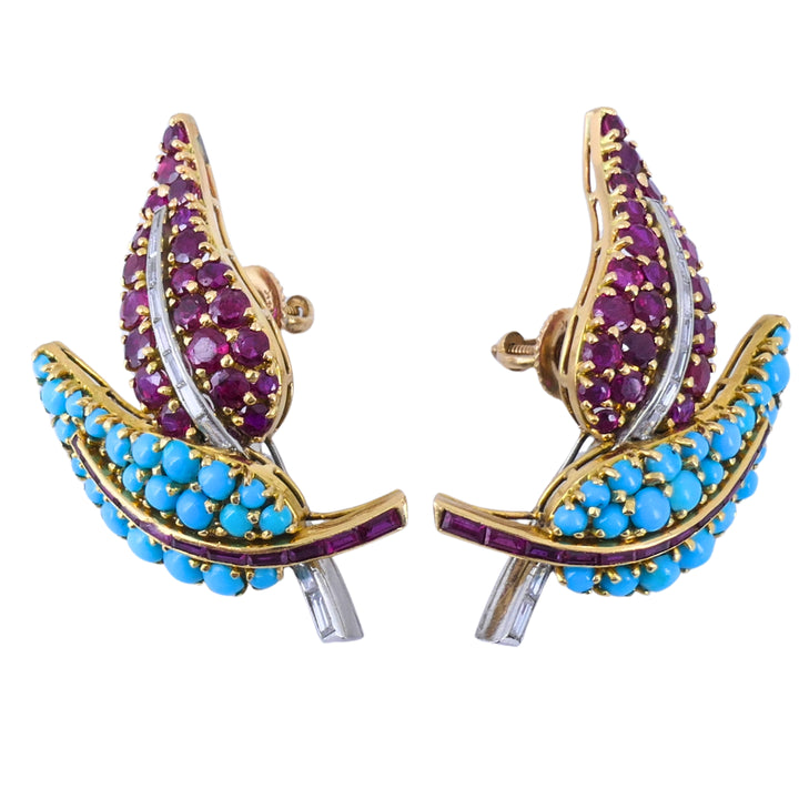 18k Gold Turquoise Ruby & Diamond Vintage Brooch and Earrings Set French Jewelry
