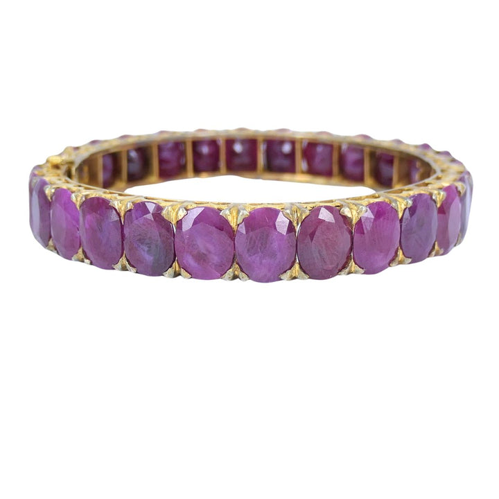 Vintage 18k Gold Ruby Hinged Bangle Bracelet Mid 20th century