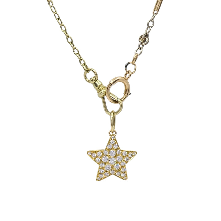 14k Gold Diamond Pavé Star Pendant on Antique Bar‑Link Chain
