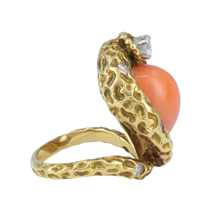 Vintage French 18k Gold Diamond Coral Cobra Snake Ring