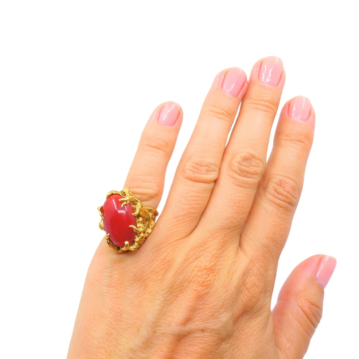 Arthur King 18k Gold Brutalist  Coral Cabochon Cocktail Ring