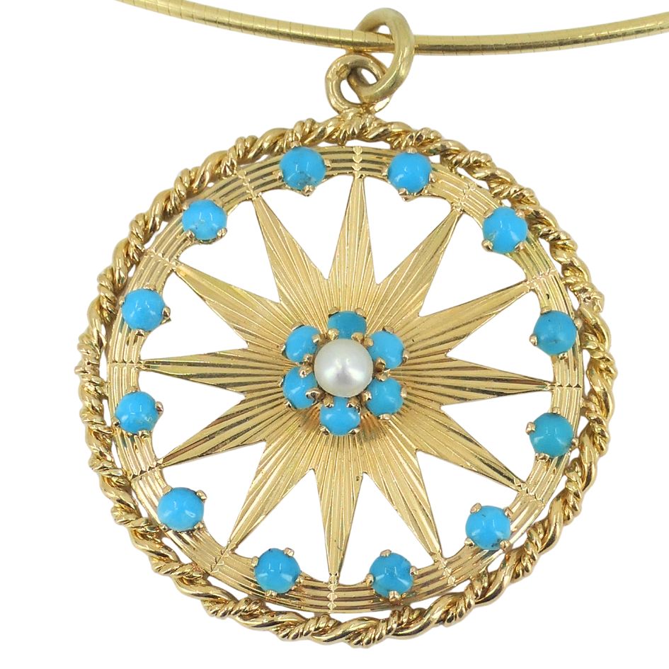 Vintage French Gold Turquoise Pearl Star Pendant Necklace