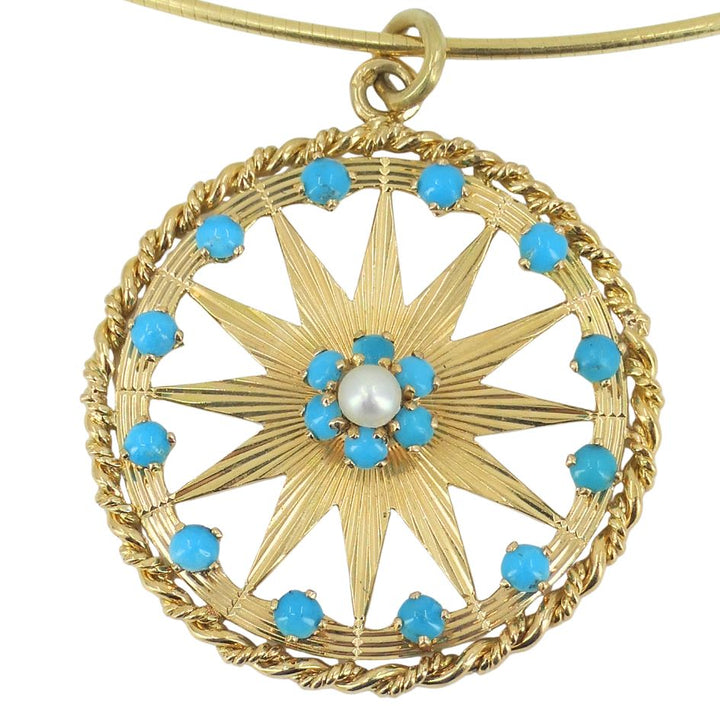 Vintage French Gold Turquoise Pearl Star Pendant Necklace