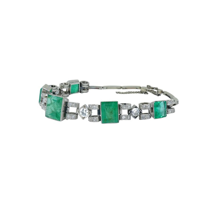 Victorian 18k White Gold Emerald Diamond Bracelet