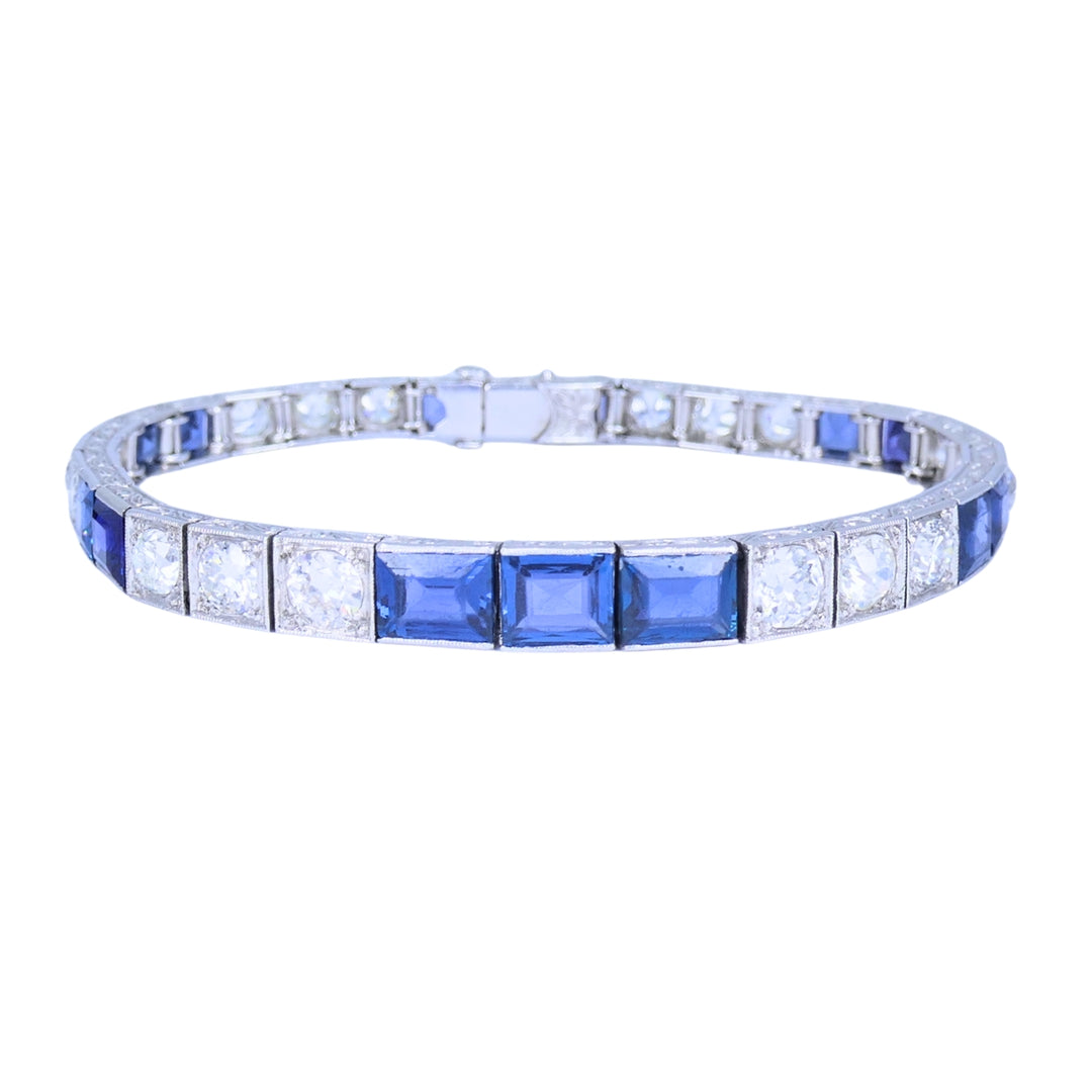 Art Deco Diamond Tennis Bracelet Sapphire Platinum Estate Jewelry