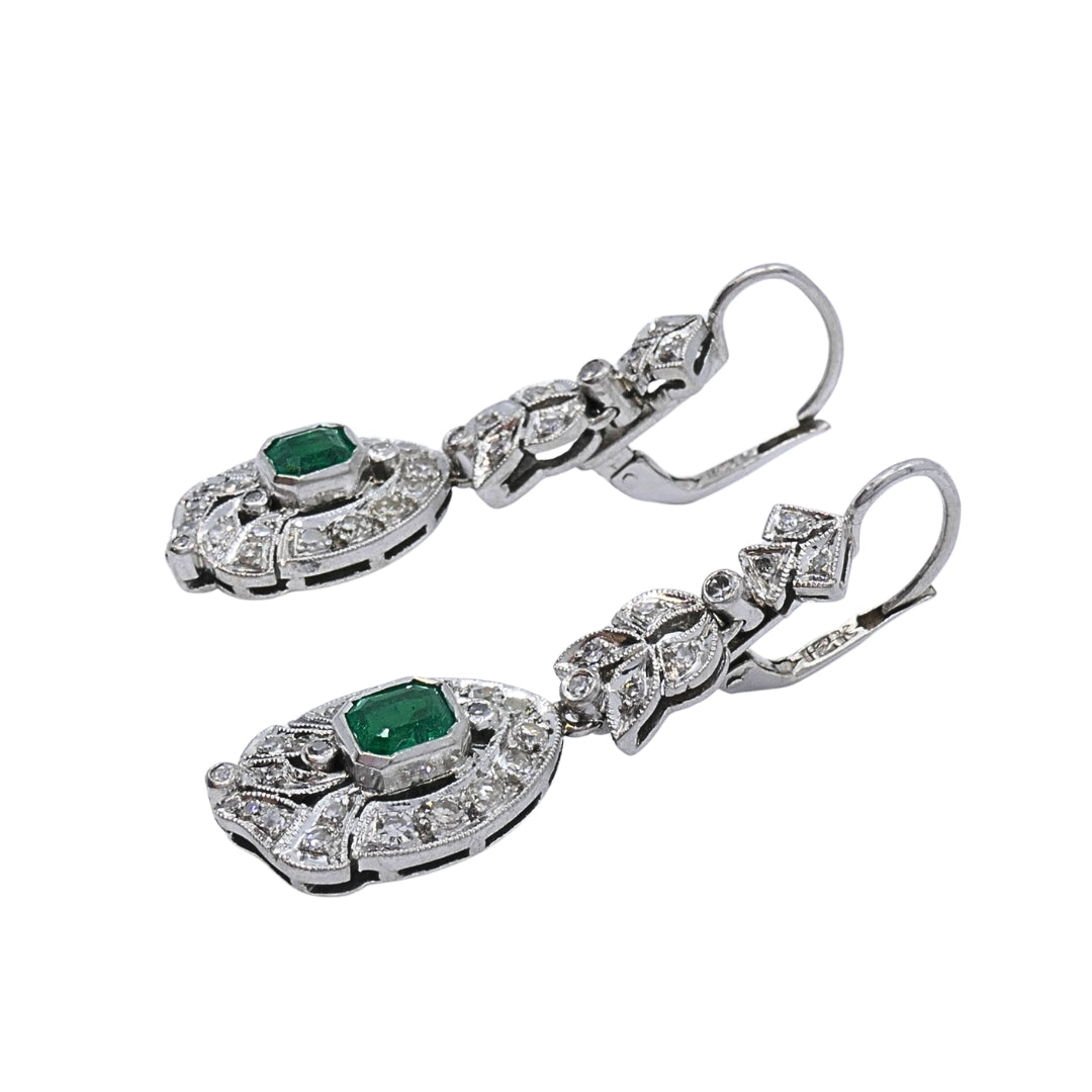Art Deco-Style 12k White Gold Emerald Diamond Drop Earrings