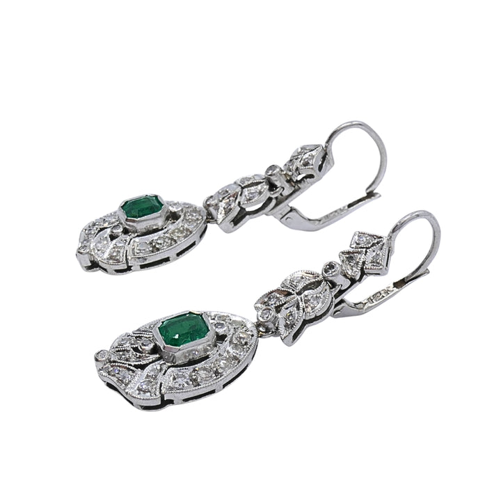 Art Deco-Style 12k White Gold Emerald Diamond Drop Earrings