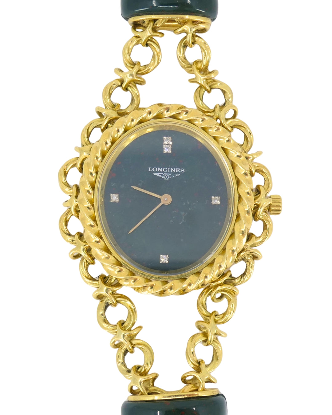 Vintage Diamond Longines Watch Pendant Bloodstone 18k Gold Chain Necklace