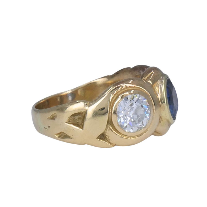 Antique 14k Gold Sapphire Old European Cut Diamond Three Stone Ring