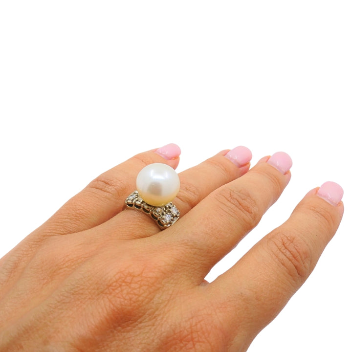 Vintage Pearl Diamond Ring 14k White Gold