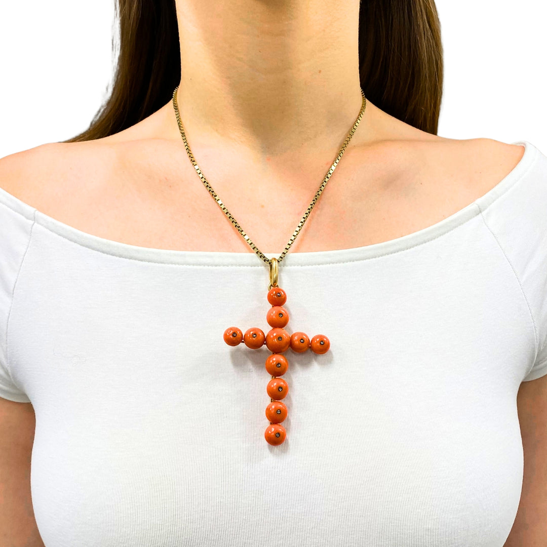 Victorian 18k Gold Coral Diamond Accent Cross Pendant Necklace 14k Gold Chain