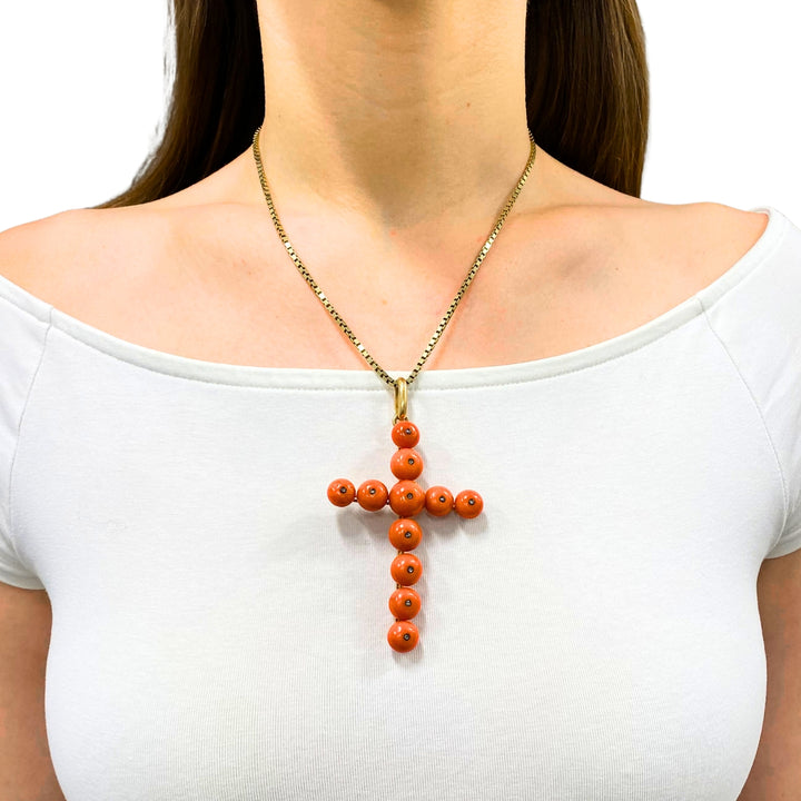 Victorian 18k Gold Coral Diamond Accent Cross Pendant Necklace 14k Gold Chain