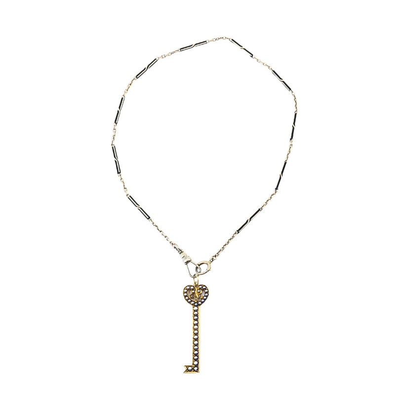 14k Gold Key Pendant Necklace Pearls and Black Enamel