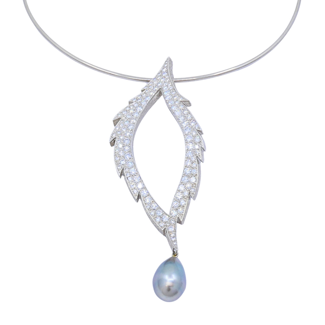 Grima 18k White Gold Diamond Tahitian Pearl Convertible Necklace Brooch