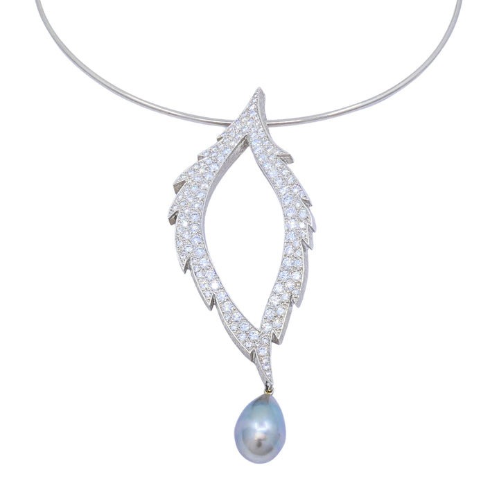 Grima 18k White Gold Diamond Tahitian Pearl Convertible Necklace Brooch