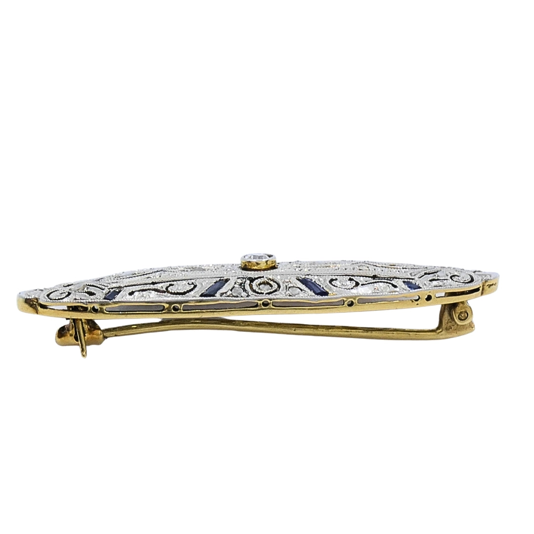 Art Deco 18k Gold Diamond Sapphire Navette Brooch