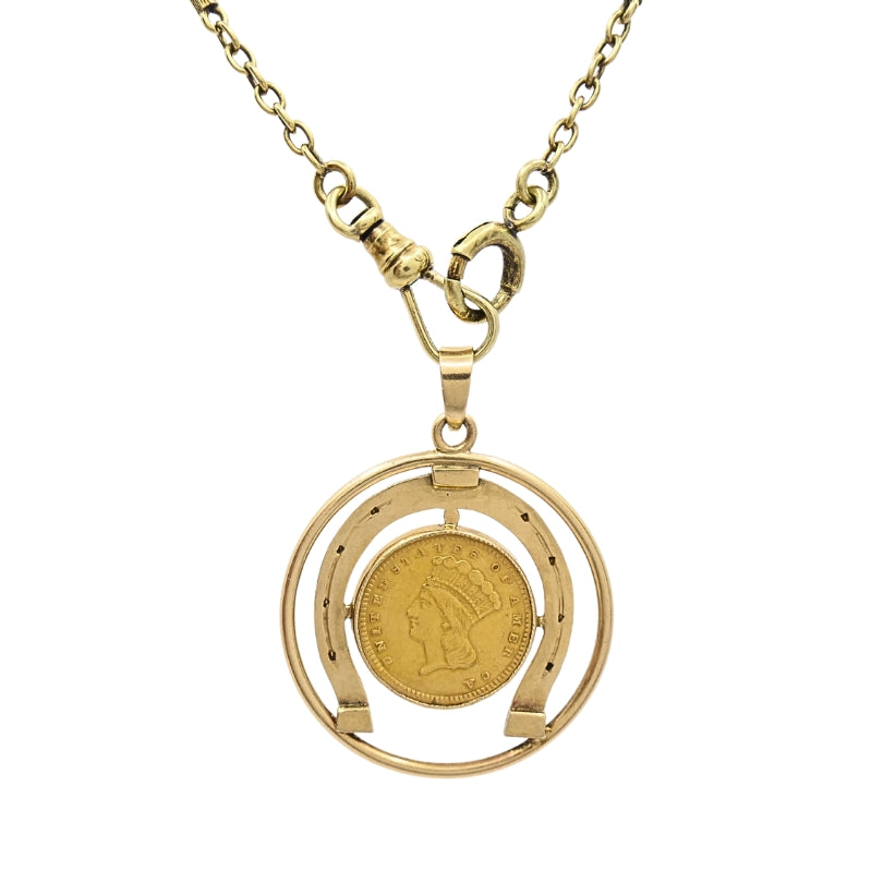 Victorian Revival 14k Gold Indian Princess Dollar Horseshoe Pendant Necklace