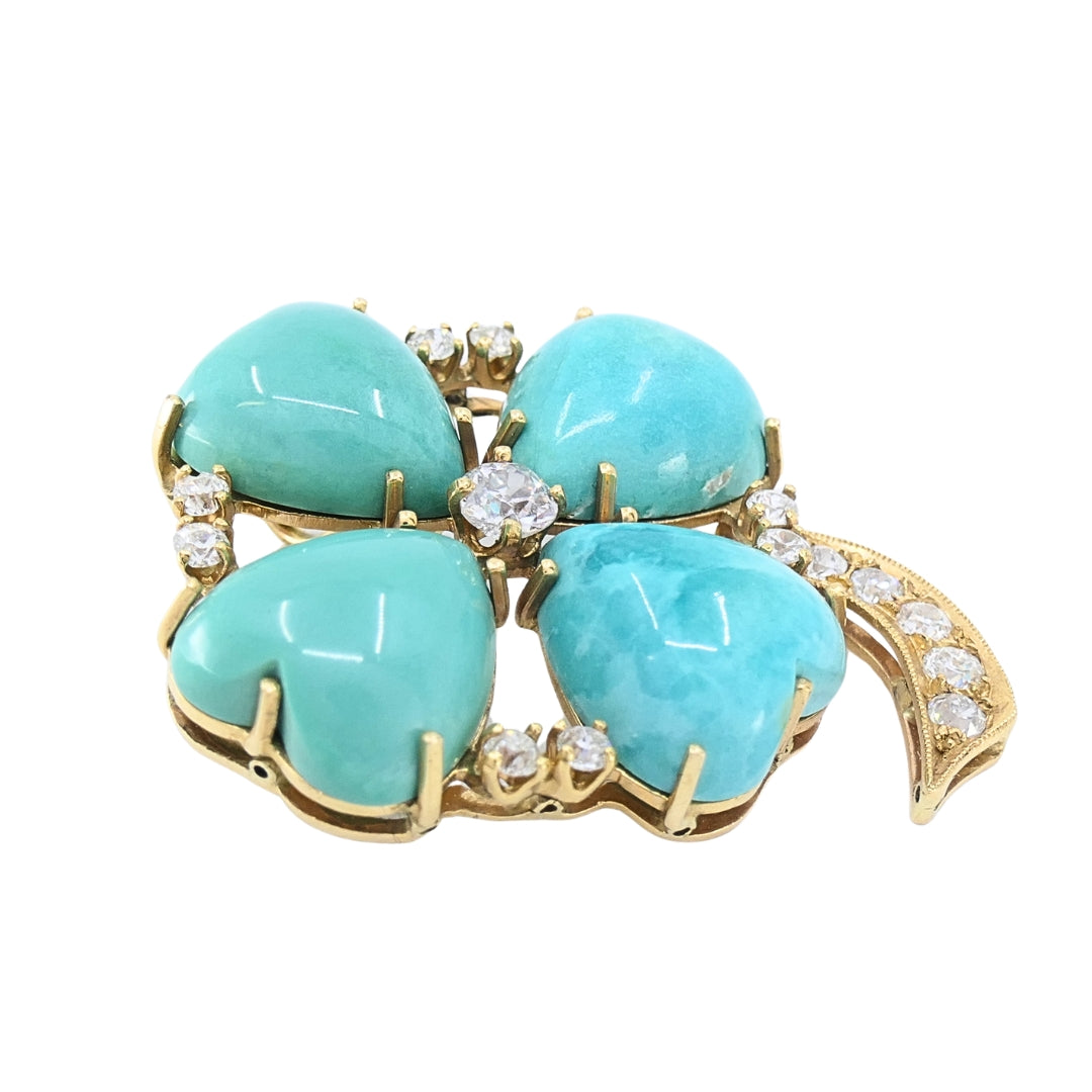 Vintage 14k Gold Turquoise Heart Clover Pendant with Diamonds