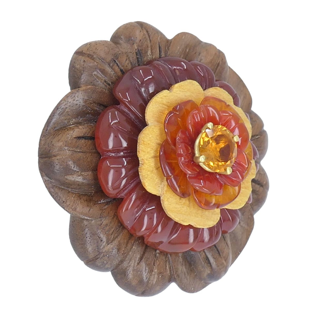 Bettina Gabetti for Trianon Flower Brooch 18k Gold Carved Wood Carnelian Citrine