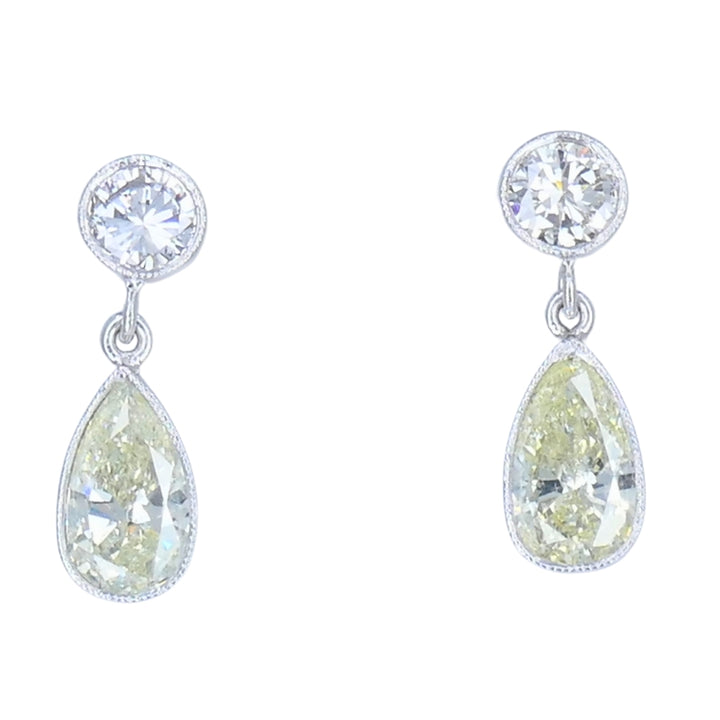 Platinum Drop Earrings Pear Cut Diamond and Round Brilliant Cut