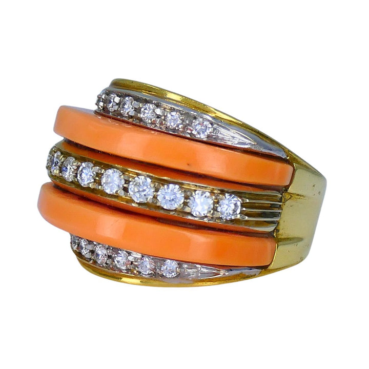 Vintage Italian 18k Gold Coral Diamond Ring