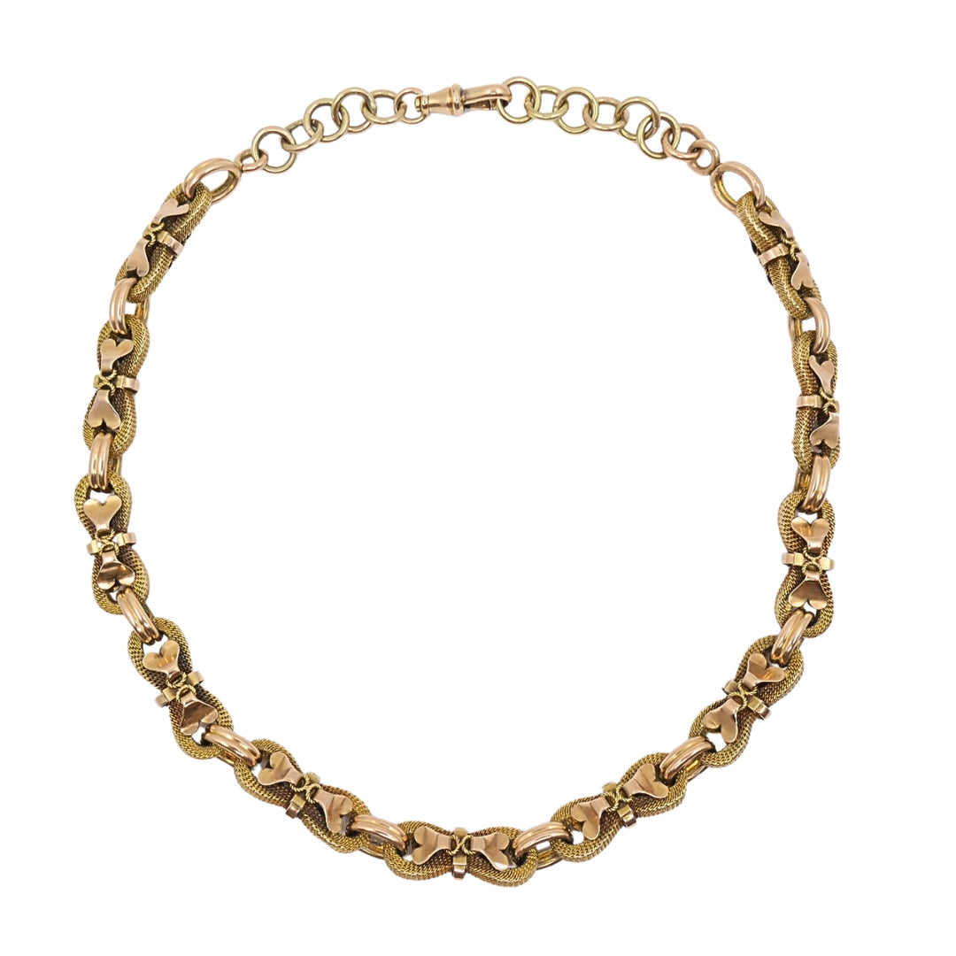 Victorian 18k Gold Mesh Link Necklace Heart Bow Motifs