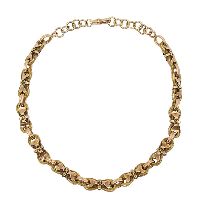 Victorian 18k Gold Mesh Link Necklace Heart Bow Motifs