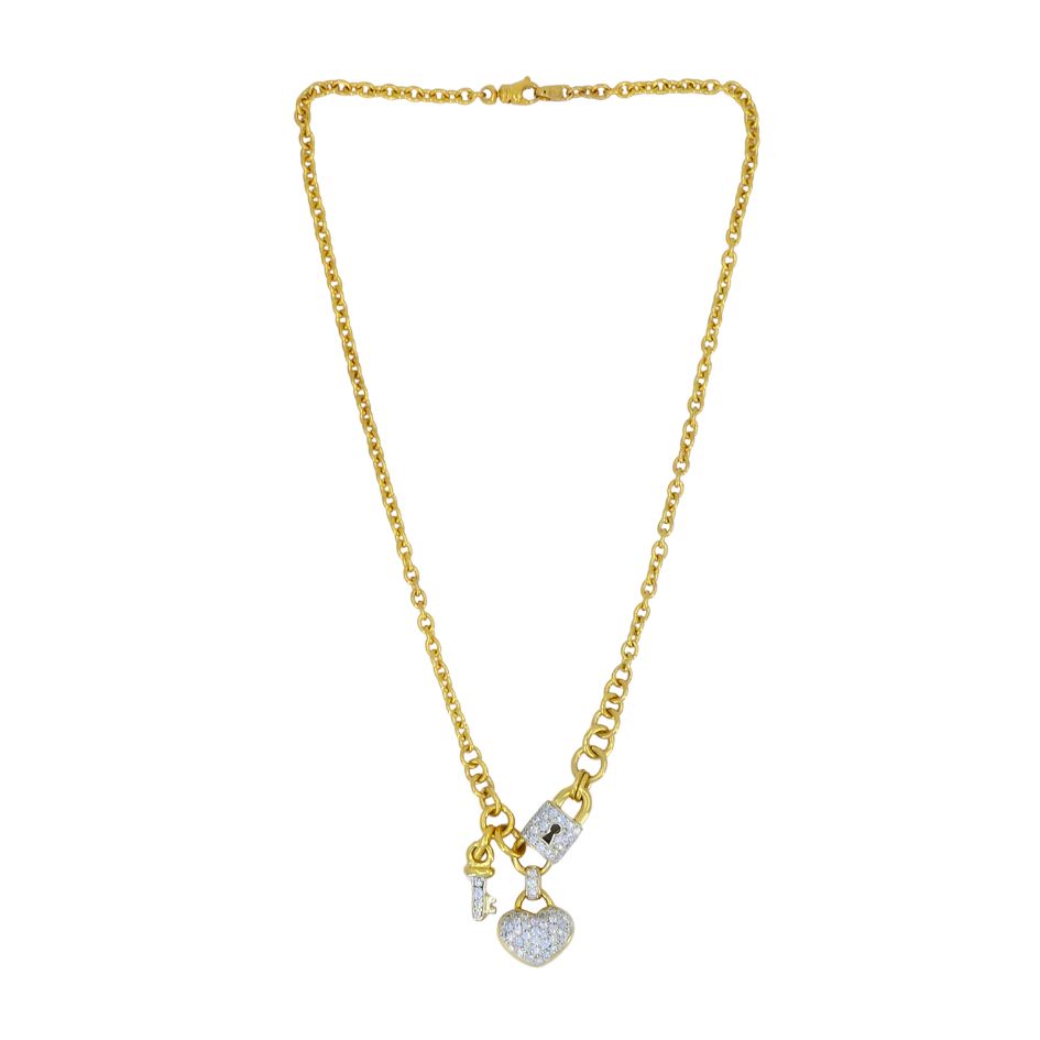 Vintage 18k Gold Diamond Heart Lock Key Pendant Necklace
