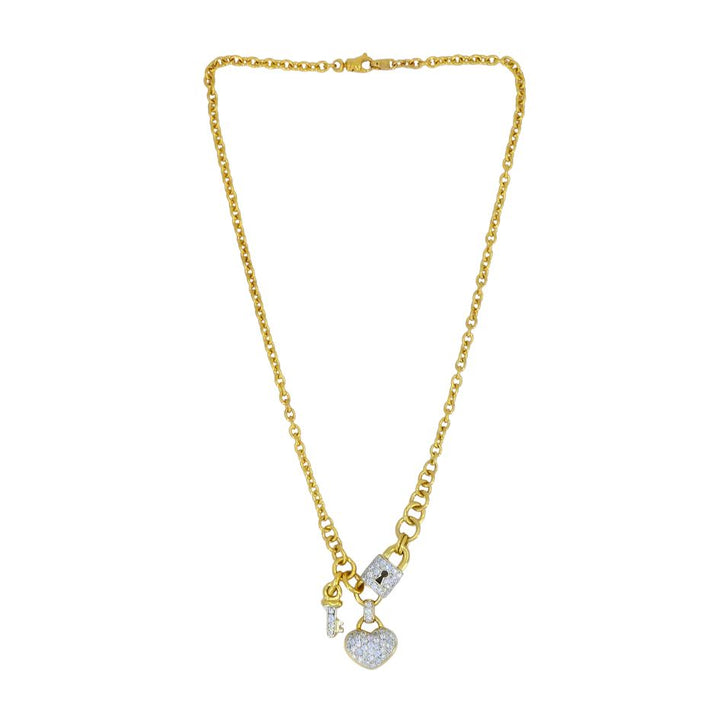 Vintage 18k Gold Diamond Heart Lock Key Pendant Necklace