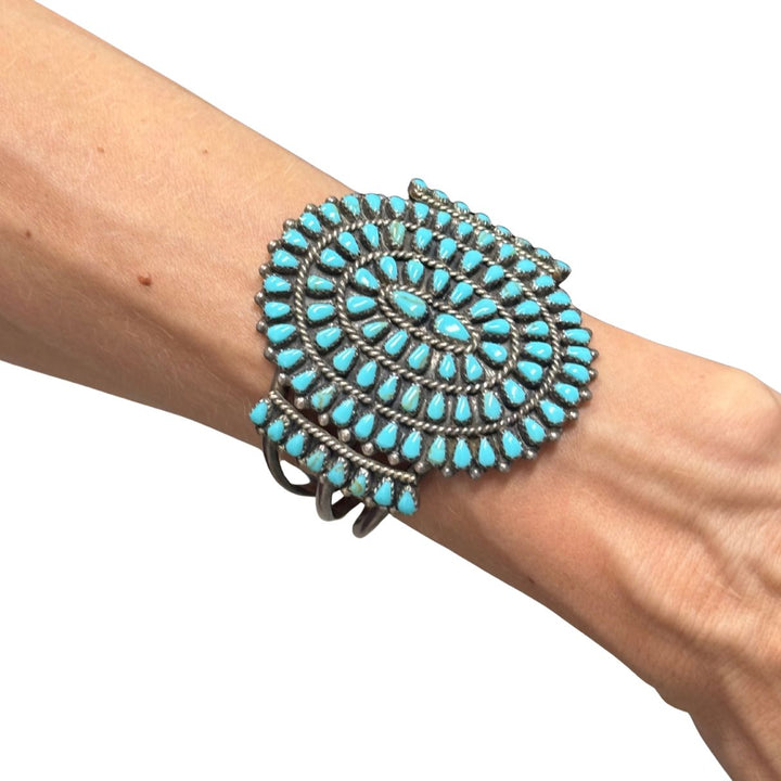 Signed Sterling Silver Turquoise Native American Petit Point Cuff Bracelet